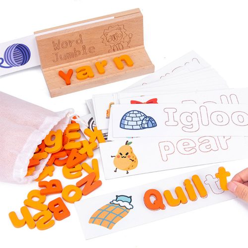 Puzzle de cuvinte, joc din lemn pentru invatarea cuvintelor cu carti in limba engleza