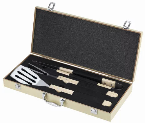Set de 3 ustensile pentru gratar in cutie de lemn