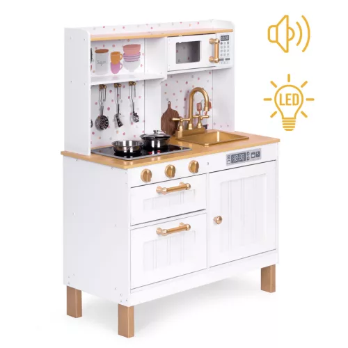 Bucătărie din lemn pentru copii cu efecte sonore și luminoase, 7 accesorii