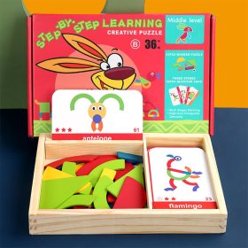 Joc magnetic tangram din lemn cu carti englezesti, nivel intermediar