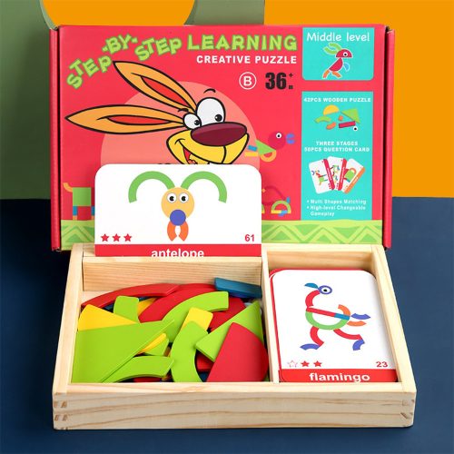 Joc magnetic tangram din lemn cu carti englezesti, nivel intermediar