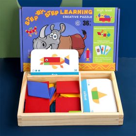 Joc magnetic tangram din lemn cu carti englezesti, nivel avansat