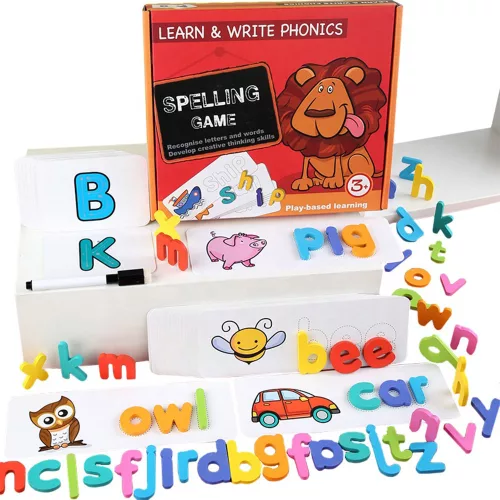 Alfabet din lemn cu imagini, joc educativ in limba engleza