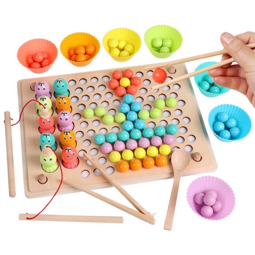 Jucarie Montessori din lemn 2 in 1, puzzle cu pescuit si minge