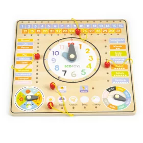 Tablă didactică interactivă din lemn cu calendar și ceas