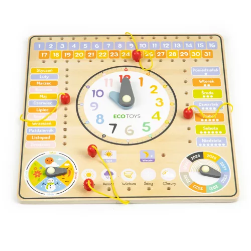Tablă didactică interactivă din lemn cu calendar și ceas