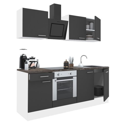 Mobila de bucatarie Yorki 210, corp alb, fata antracit satinat cu element inferior al cuptorului