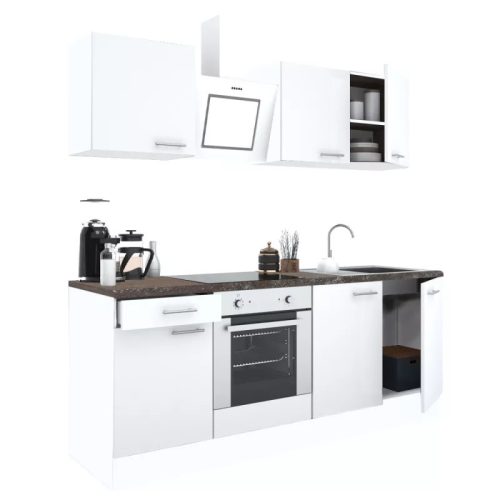 Mobila de bucatarie Yorki 210, corp alb, fata alb satinat cu element inferior al cuptorului