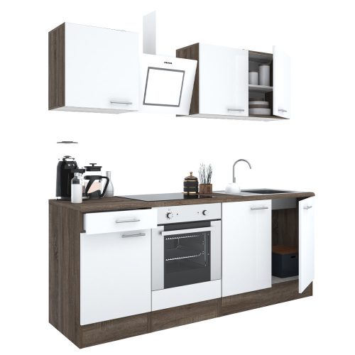 Mobila de bucatarie Yorki 210, corp din stejar Yorki, fata alb satinat cu element inferior al cuptorului