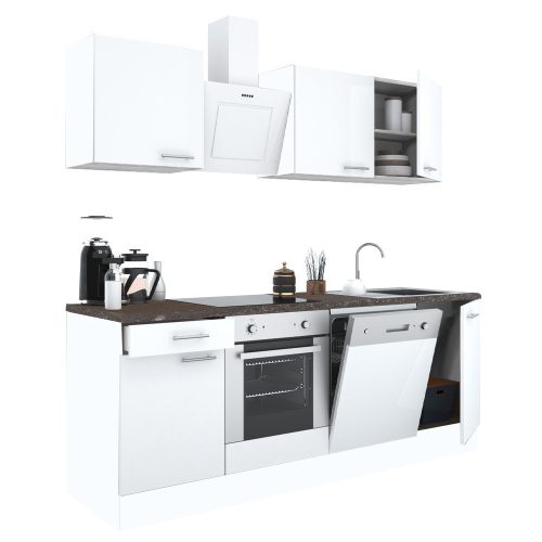 Mobila de bucatarie Yorki 220, corp alb, fata alb satinat cu element inferior al cuptorului