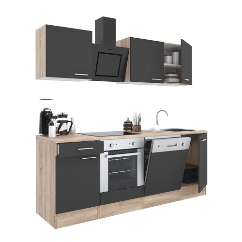 Mobila de bucatarie Yorki 220, corp din stejar sonoma, fata antracit satinat cu element inferior al cuptorului