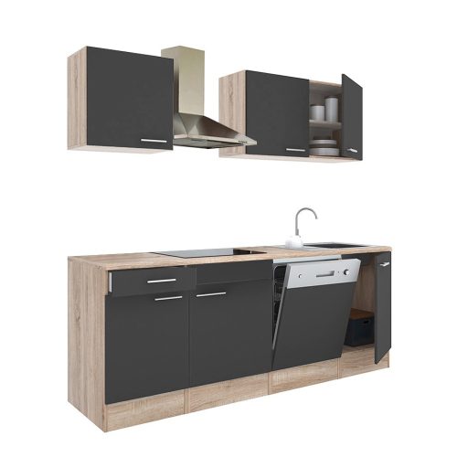 Mobila de bucatarie Yorki 220, corp din stejar sonoma, cu fata antracit satinat