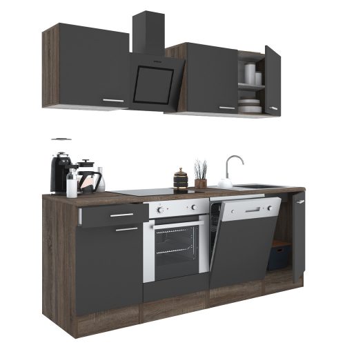 Mobila de bucatarie Yorki 220, corp din stejar Yorki, fata antracit satinat cu element inferior al cuptorului