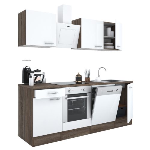 Mobila de bucatarie Yorki 220, corp din stejar Yorki, fata alb satinat cu element inferior al cuptorului