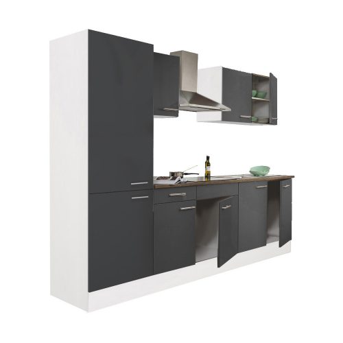 Mobila de bucatarie Yorki 270, corp alb, fata antracit satinat, cu dulap cu raft