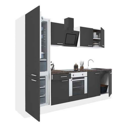 Mobila de bucatarie Yorki 270, corp alb, fata antracit satinat cu element cuptor inferior si frigider congelator inferior