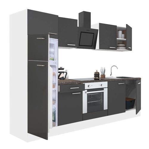 Mobila de bucatarie Yorki 270, corp alb, fata antracit satinat, element cuptor inferior, frigider congelator superior