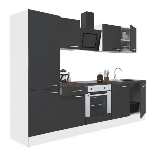 Mobila de bucatarie Yorki 270, corp alb, fata antracit satinat, element inferior cuptor, dulap raft