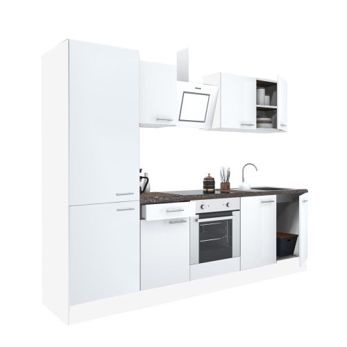 Mobila de bucatarie Yorki 270, corp alb, fata alb satinat, element inferior cuptor, dulap raft