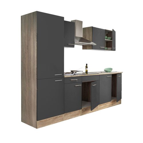 Mobila de bucatarie Yorki 270, corp stejar sonoma, fata antracit satinat, cu dulap cu raft