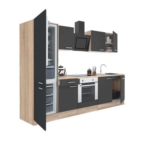 Mobila de bucatarie Yorki 270, corp din stejar sonoma, fata antracit satinat cu element cuptor inferior si frigider congelator inferior