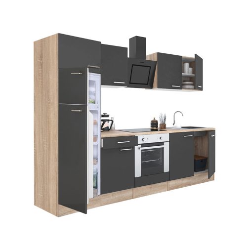 Mobila de bucatarie Yorki 270, corp din stejar sonoma, fata antracit satinat, element cuptor inferior, frigider congelator superior