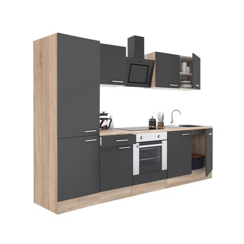 Mobila de bucatarie Yorki 270, corp din stejar sonoma, fata antracit satinat, element inferior cuptor, dulap raft