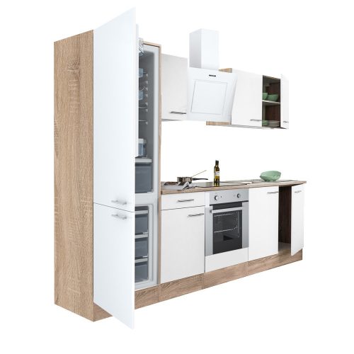 Mobila de bucatarie Yorki 270, corp din stejar sonoma, fata alb satinat, element cuptor inferior, frigider congelator inferior