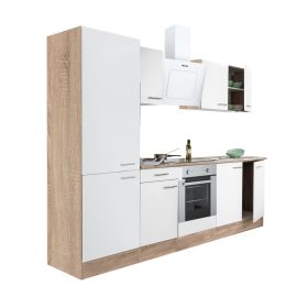 Mobila de bucatarie Yorki 270, corp din stejar sonoma, fata alb satinat, element inferior cuptor, dulap raft