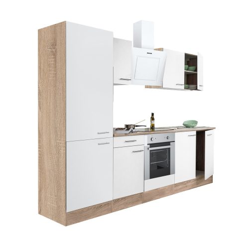 Mobila de bucatarie Yorki 270, corp din stejar sonoma, fata alb satinat, element inferior cuptor, dulap raft