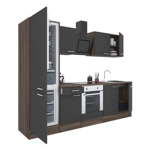 Mobila de bucatarie Yorki 270, corp din stejar Yorki, fata antracit satinat cu element cuptor inferior si frigider congelator inferior