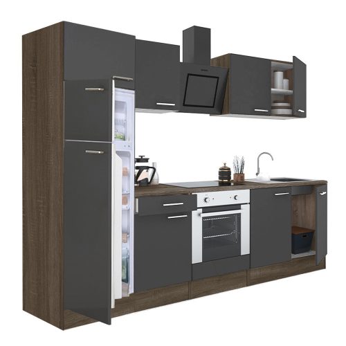 Mobila de bucatarie Yorki 270, corp din stejar Yorki, fata antracit satinat cu element cuptor inferior si frigider cu congelator superior