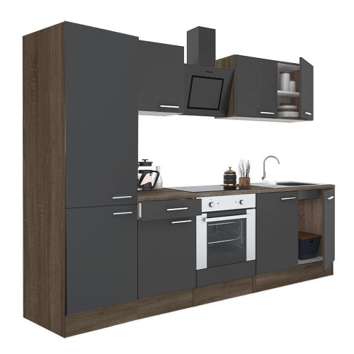 Mobila de bucatarie Yorki 270, corp stejar Yorki, fata antracit satinat cu element cuptor inferior, dulap cu rafturi