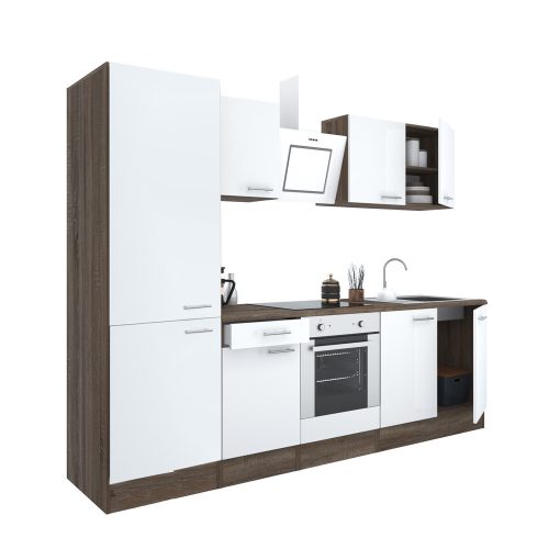 Mobila de bucatarie Yorki 270, corp din stejar Yorki, fata alb satinat cu element inferior al cuptorului, dulap cu raft