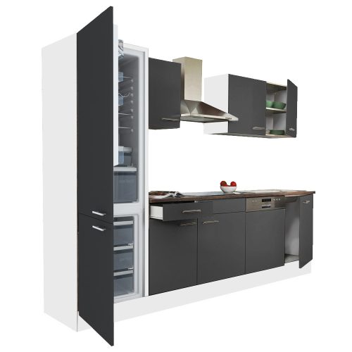 Mobila de bucatarie Yorki 280, corp alb, fata antracit satinat, frigider cu congelator jos
