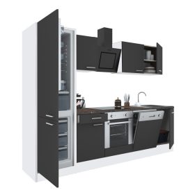 Mobila de bucatarie Yorki 280, corp alb, fata antracit satinat cu element cuptor inferior si frigider congelator inferior