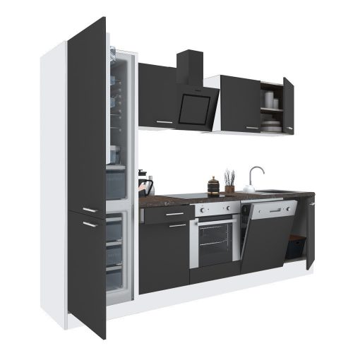Mobila de bucatarie Yorki 280, corp alb, fata antracit satinat cu element cuptor inferior si frigider congelator inferior