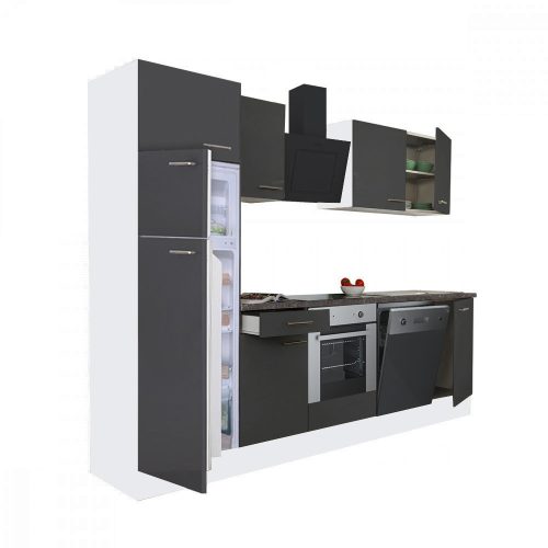 Mobila de bucatarie Yorki 280, corp alb, fata antracit satinat, element cuptor inferior, frigider congelator superior