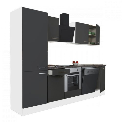 Mobila de bucatarie Yorki 280, corp alb, fata antracit satinat, element inferior cuptor, dulap raft