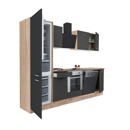 Mobila de bucatarie Yorki 280, corp din stejar sonoma, fata antracit satinat cu element cuptor inferior si frigider congelator inferior