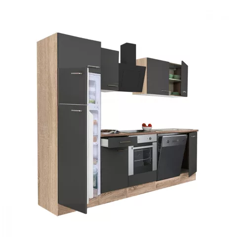 Mobila de bucatarie Yorki 280, corp din stejar sonoma, fata antracit satinat, element cuptor inferior, frigider congelator superior