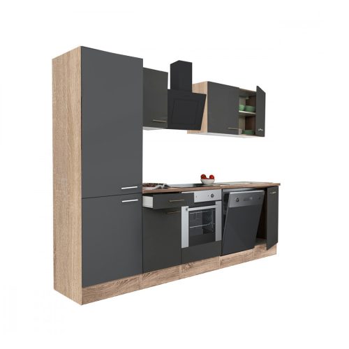 Mobila de bucatarie Yorki 280, corp din stejar sonoma, fata antracit satinat, element cuptor inferior, dulap raft