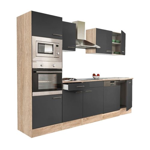 Mobila de bucatarie Yorki 280 cu corp din stejar sonoma si fata antracit satinat