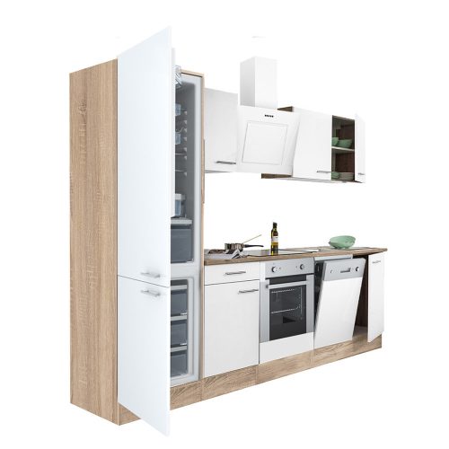 Mobila de bucatarie Yorki 280, corp din stejar sonoma, fata alb satinat, element cuptor inferior, frigider congelator inferior