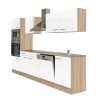 Mobila de bucatarie Yorki 280 cu corp din stejar Sonoma si fata alb satinat