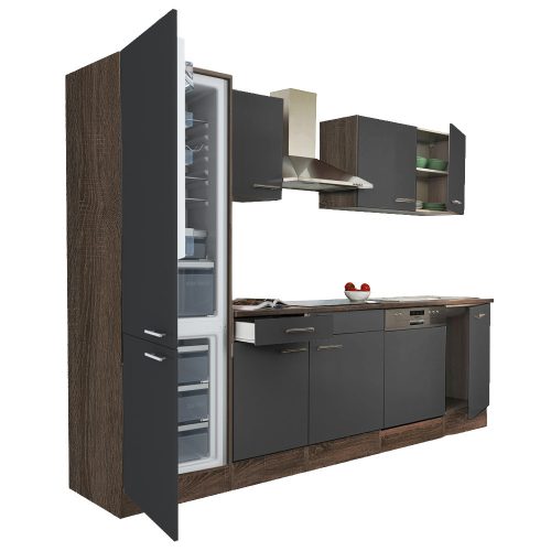 Mobila de bucatarie Yorki 280, corp din stejar Yorki, fata antracit satinat, frigider cu congelator in partea de jos