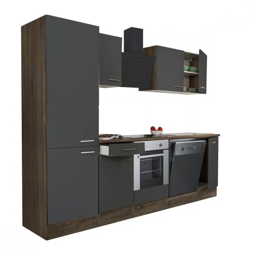 Mobila de bucatarie Yorki 280, corp stejar Yorki, fata antracit satinat cu element cuptor inferior, dulap cu raft
