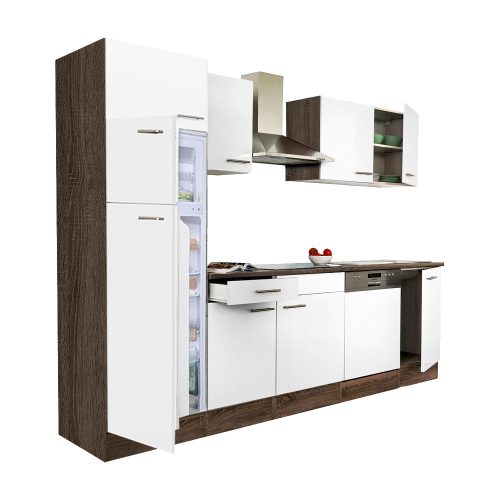 Mobila de bucatarie Yorki 280, corp din stejar Yorki, fata alb satinat, frigider cu congelator superior