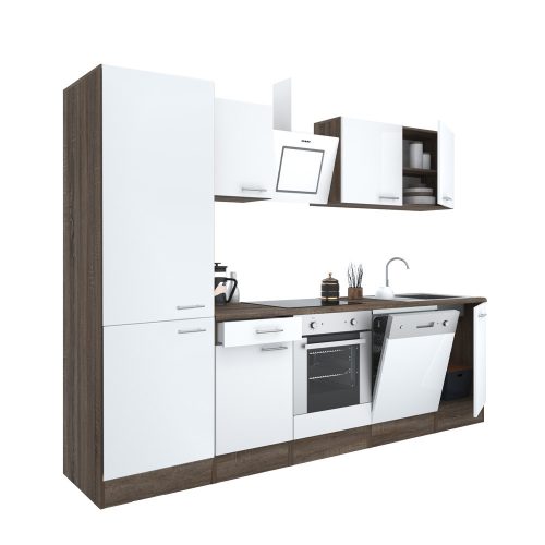 Mobila de bucatarie Yorki 280, corp din stejar Yorki, fata alb satinat cu element inferior al cuptorului, dulap cu raft