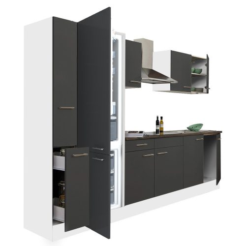 Mobila de bucatarie Yorki 300, corp alb, fata antracit satinat, frigider cu congelator jos